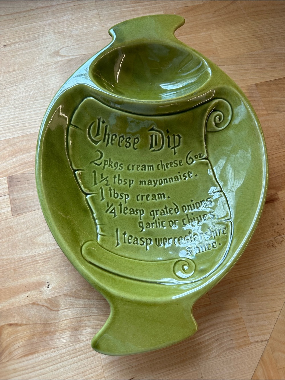 Vintage California Pottery Avocado Green Cheese Dip Platter – 14x9", 1960s–70s,